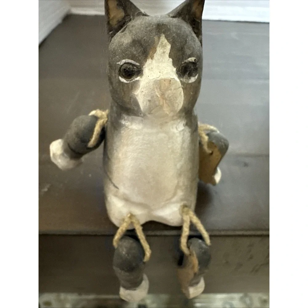Vintage Wood Grey and White Cat Rope Jointed Legs